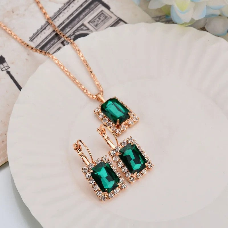 Gold Rhinestone Jewelry Set Green Emerald Cut Boutique NL