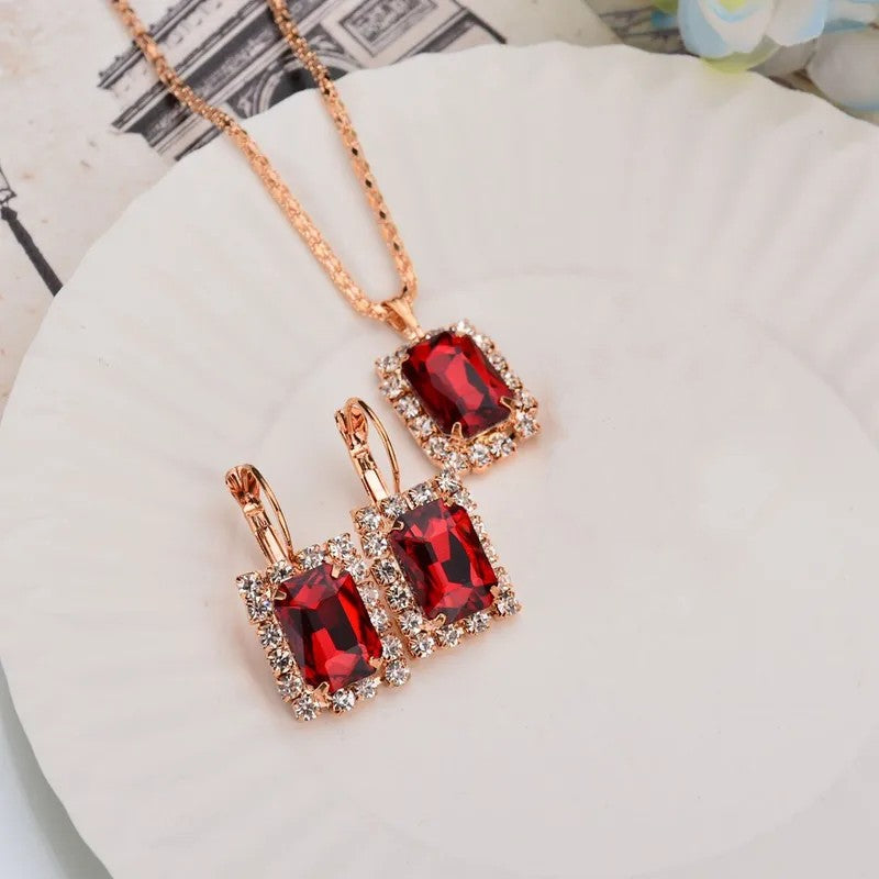 Gold Rhinestone Jewelry Set Red Emerald Cut Boutique NL