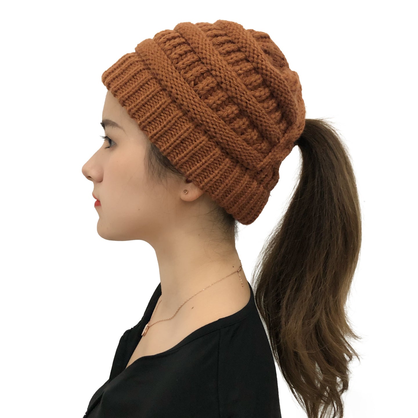 Ponytail Winter Stocking Knit Brown hat - Hats