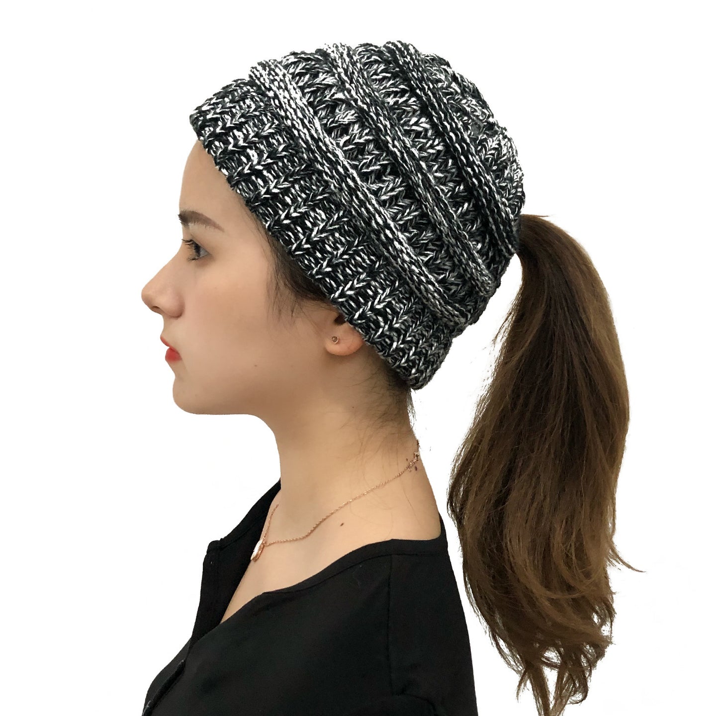 Ponytail Winter Stocking Knit Black/White hat - Hats