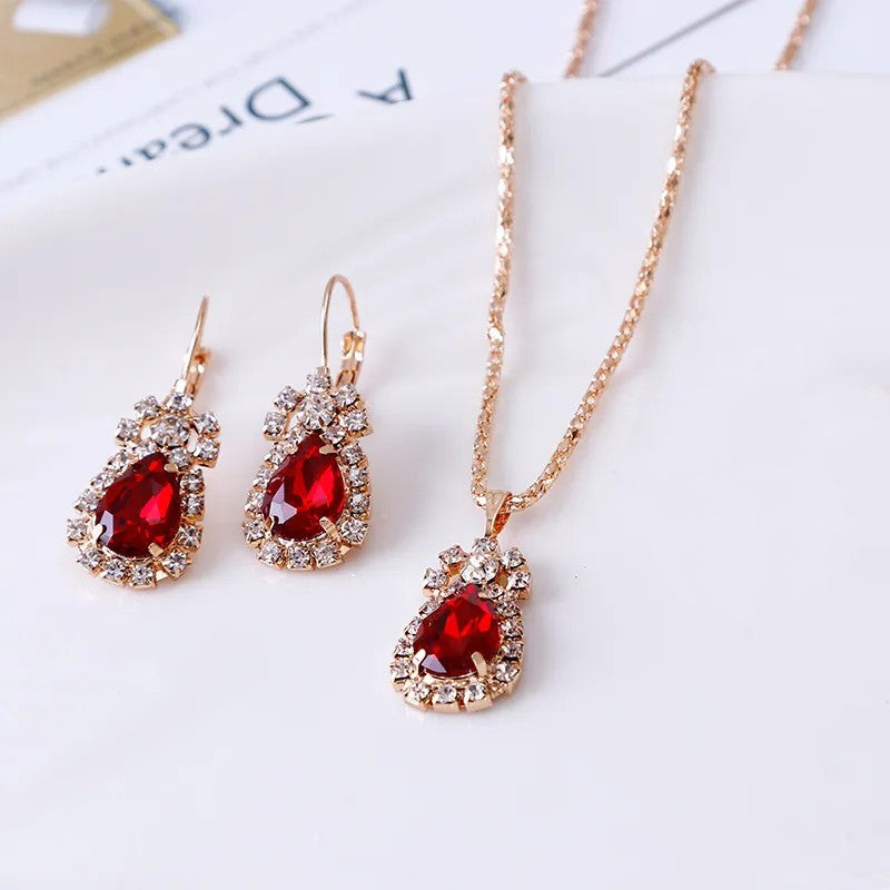 Gold Rhinestone Jewelry Set Red Pear Cut Boutique NL