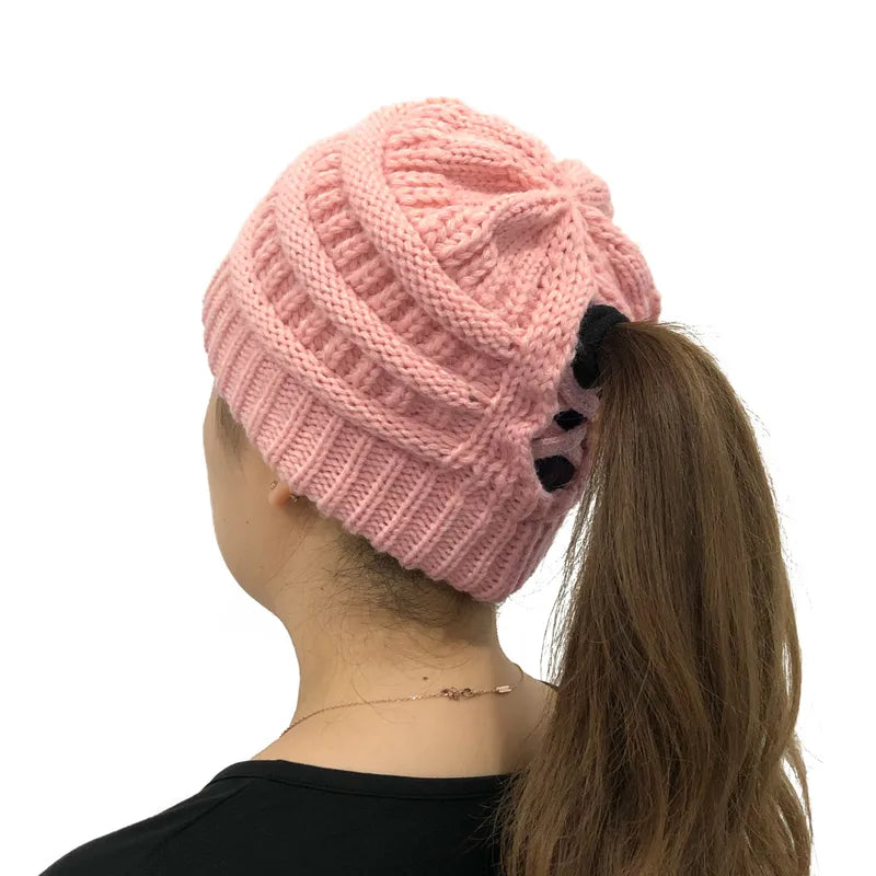 Ponytail Winter Stocking Knit Pink hat - Hats