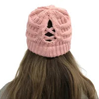 Load image into Gallery viewer, Ponytail Winter Stocking Knit Pink hat - Hats
