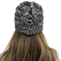 Load image into Gallery viewer, Ponytail Winter Stocking Knit Black/White hat - Hats
