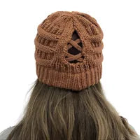 Load image into Gallery viewer, Ponytail Winter Stocking Knit Brown hat - Hats
